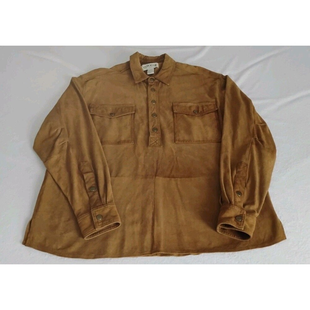 ORVIS Suede Leather Shirt Pullover Mens Sz L Brown Genuine Leather Snap Western